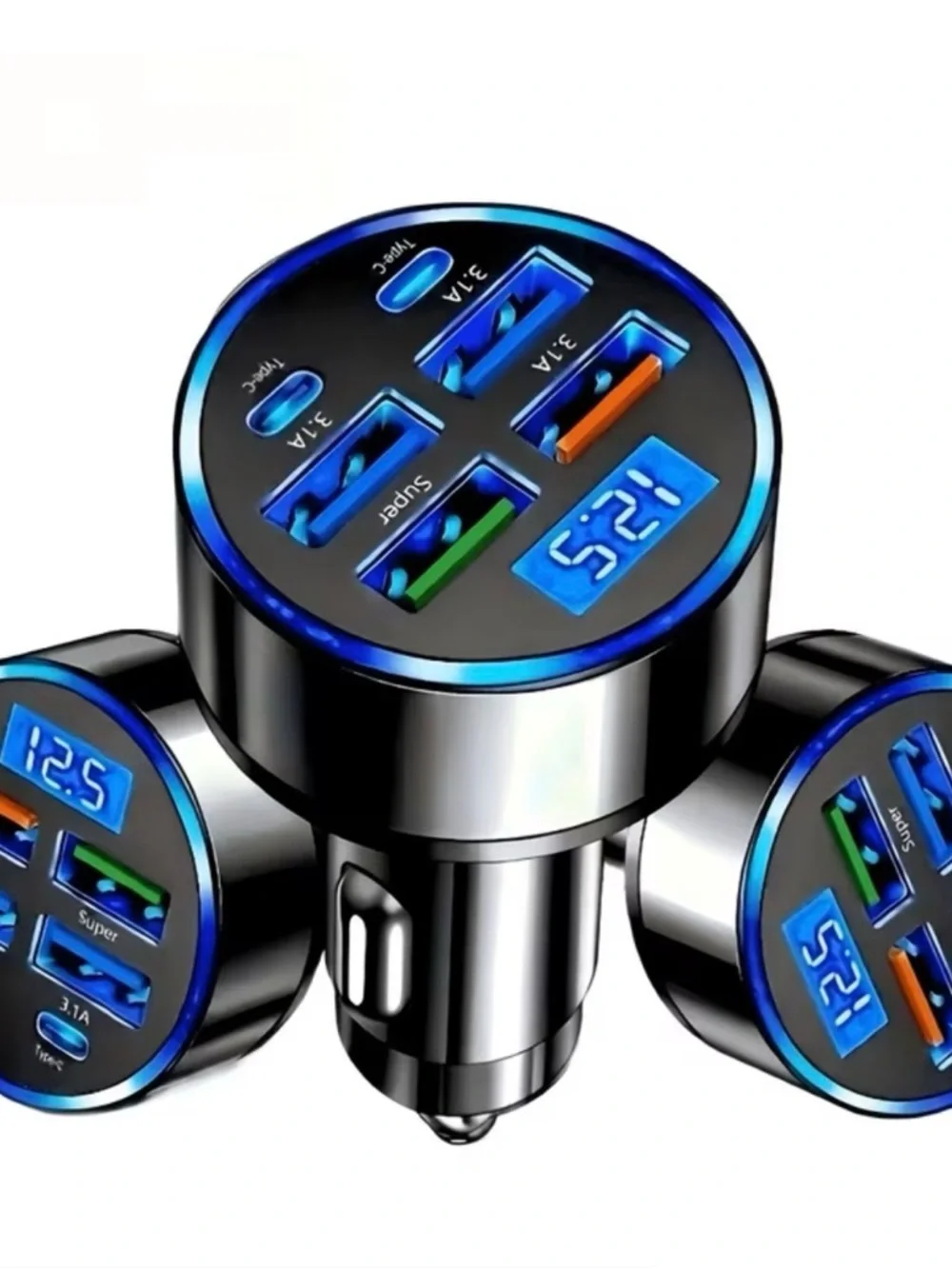 Universal Black & Blue Multi-Port Car USB Charger with LED Voltage Display